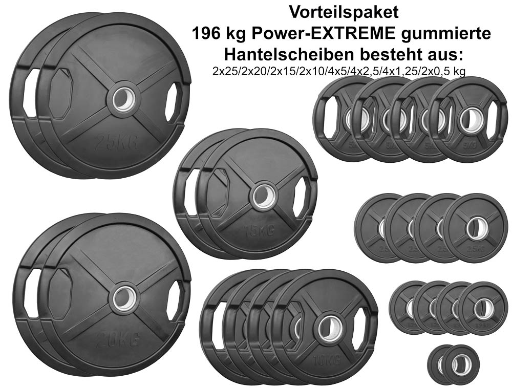 Bild von Vorteilspaket 196 kg - 50 mm gummierte Hantelscheiben mit 2 Grifflöchern